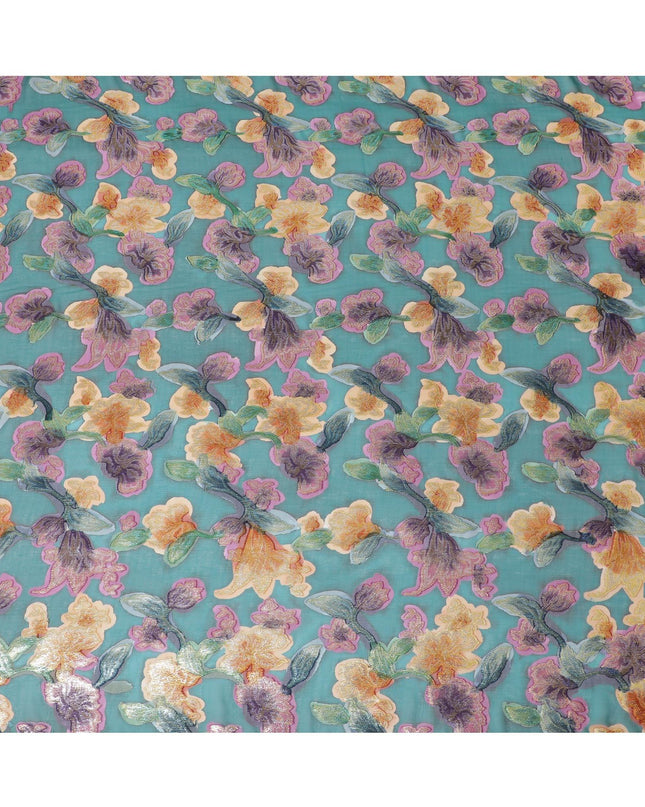 قماش شيفون حريري نقي فاخر باللون الأخضر مع طباعة يدوية متعددة الألوان ولوريكس معدني بتصميم زهور-D10427