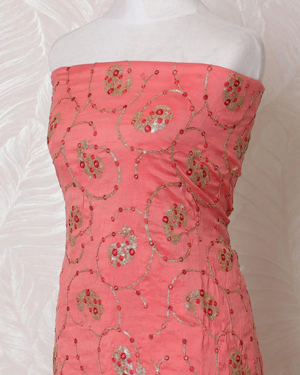 Royal peach blended cotton lawn fabric with gold and red embroidery in fancy design-D15083 Regal Fabrics
