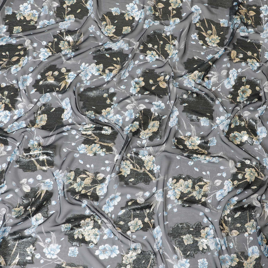 قماش شيفون صناعي أسود مع طباعة متعددة الألوان مع لوريكس معدني ذهبي بتصميم زهور -D8311