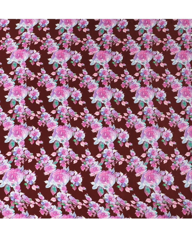 Maroon synthetic crepe fabric with multicolor crepe print in floral design-D14465