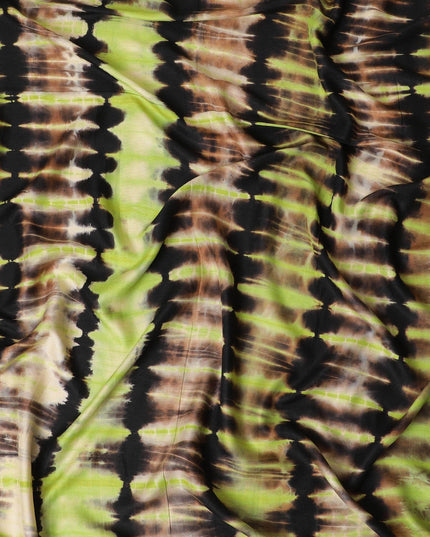 Neon yellow blended viscose fabric with copper brown and black print in fancy design-D12098 Regal Fabrics