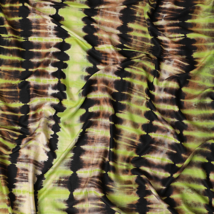 Neon yellow blended viscose fabric with copper brown and black print in fancy design-D12098 Regal Fabrics