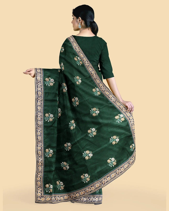 Pine green synthetic tusser fabric with multi colour embroidery in floral design. Blouse piece in same colour-D12745 Regal Fabrics