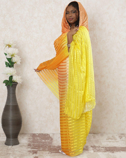 Multicolor Premium synthetic chiffon thobe with gold metallic foil print in stripe design-D14393 Regal Fabrics