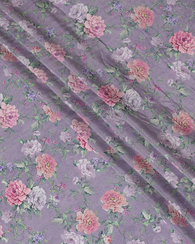 قماش كريب فيسكوز لافندر مع طباعة باللون الأخضر الداكن والوردي الفاتح والأرجواني الفاتح بتصميم الأزهار-D15651