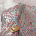 Sky blue, salmon, sage green premium pure French chantilly lace saree having stone work in floral design-D14894