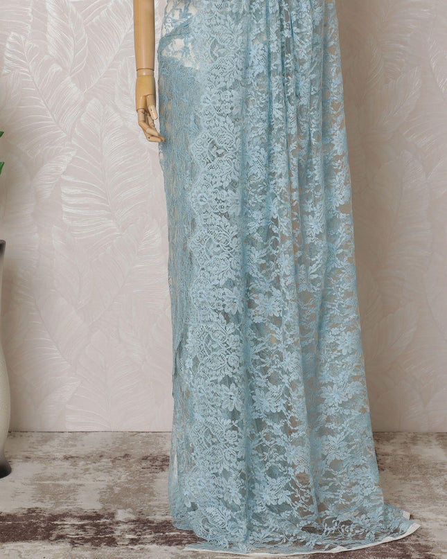 Baby blue, blonde yellow Premium pure French two tone chantilly lace saree in floral design-D14565