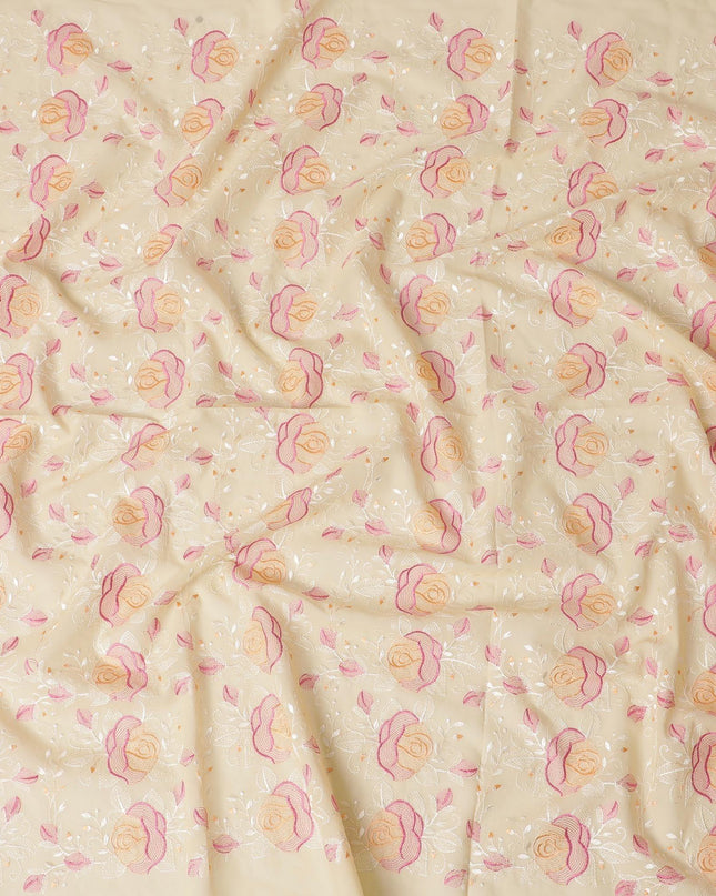 Light gold Premium pure cotton voile fabric with peach, magenta pink and beige embroidery in floral design-D15254