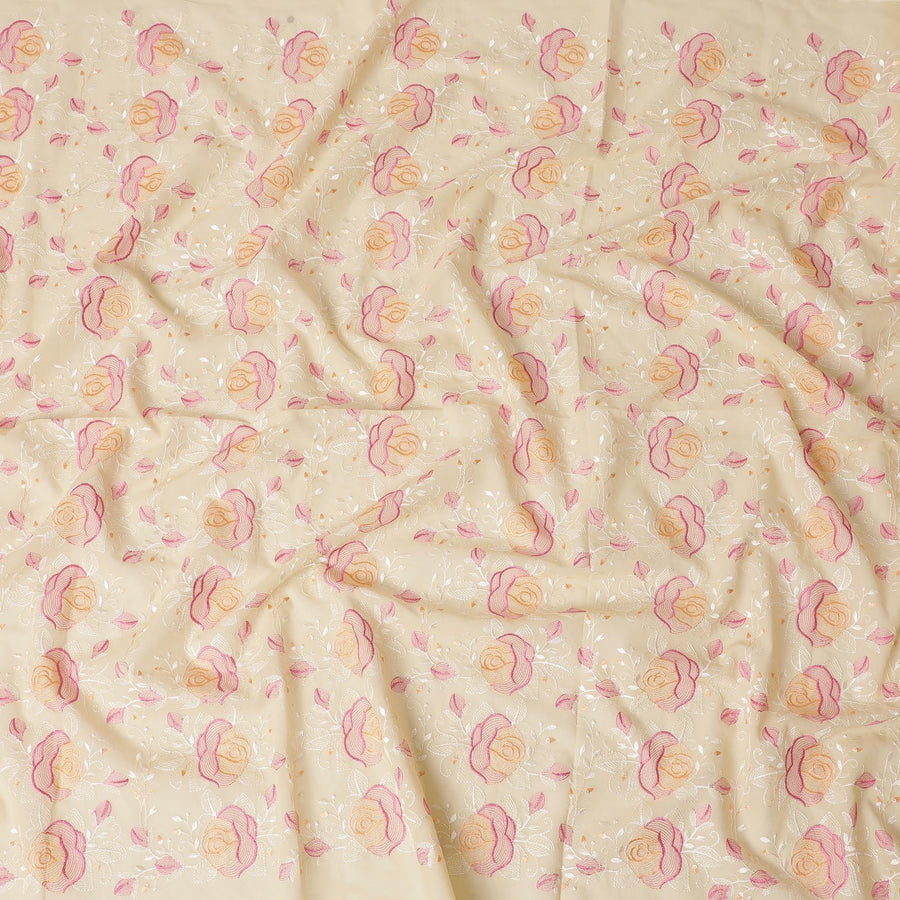 Light gold Premium pure cotton voile fabric with peach, magenta pink and beige embroidery in floral design-D15254