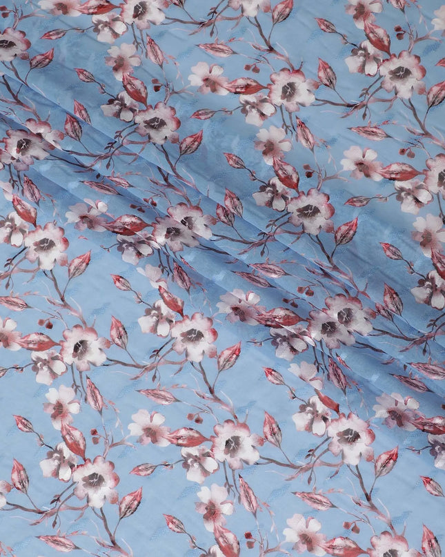 Steel blue cotton voile fabric with cerise pink, off white and black print in floral design-D10751 Regal Fabrics