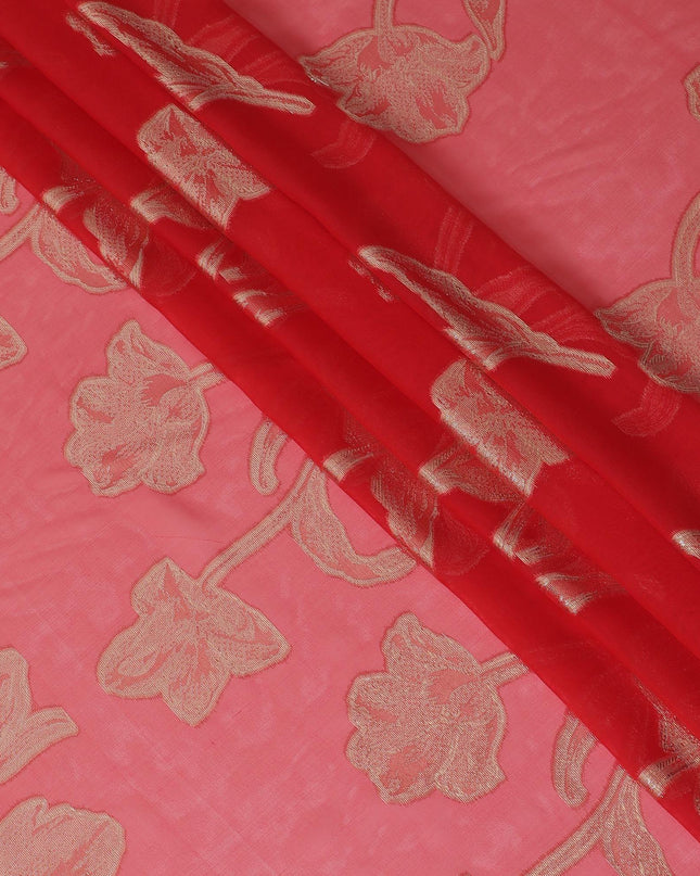 قماش شيفون من الحرير الخالص باللون الأحمر القرمزي مع لوركس معدني ذهبي بتصميم الأزهار-D10157