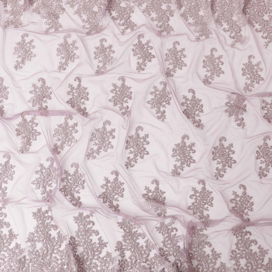 Thistle purple nylon tulle fabric with same tone embroidery in floral design-D6685
