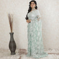 Tea green, silver Premium pure metallic French chantilly saree lace having stone work in floral design-D13508