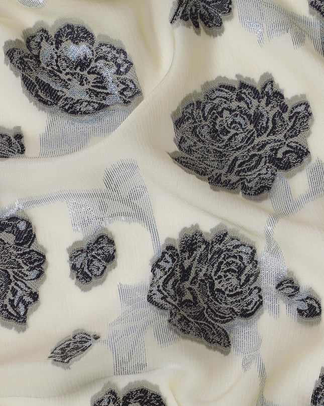 Light gold Premium pure French (Fransawi) silk chiffon fabric with black viscose having baby blue metallic lurex in floral design-D15629