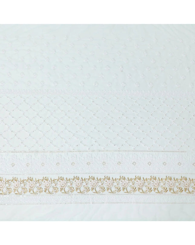 Turquoise blue nylon tulle fabric with white and gold embroidery having gold sequins in fancy design-D6903 Regal Fabrics