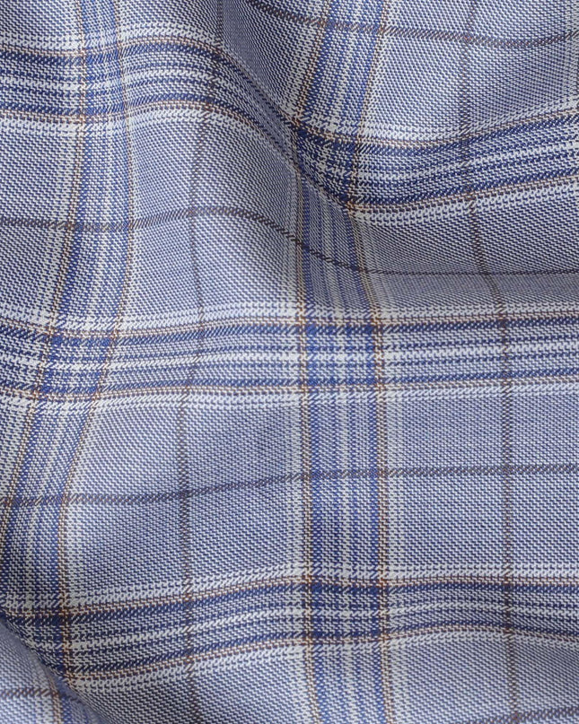 Baby blue Premium Italian super 130's all wool suiting fabric with pale brown, beige and blue checks design-D9451