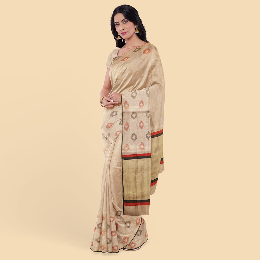 Copper and gold synthetic chanderi fabric with multi color jacquards in fancy design. Same color blouse piece-D12771