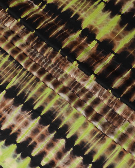 Neon yellow blended viscose fabric with copper brown and black print in fancy design-D12098 Regal Fabrics