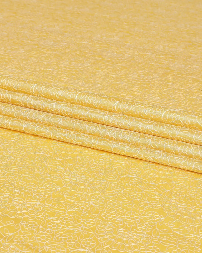 Mustard yellow tussar silk fabric with off white embroidery in fancy design-D6436 Regal Fabrics
