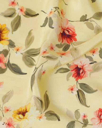Banana yellow Premium pure silk crepe fabric with multicolor print in floral design-D13862