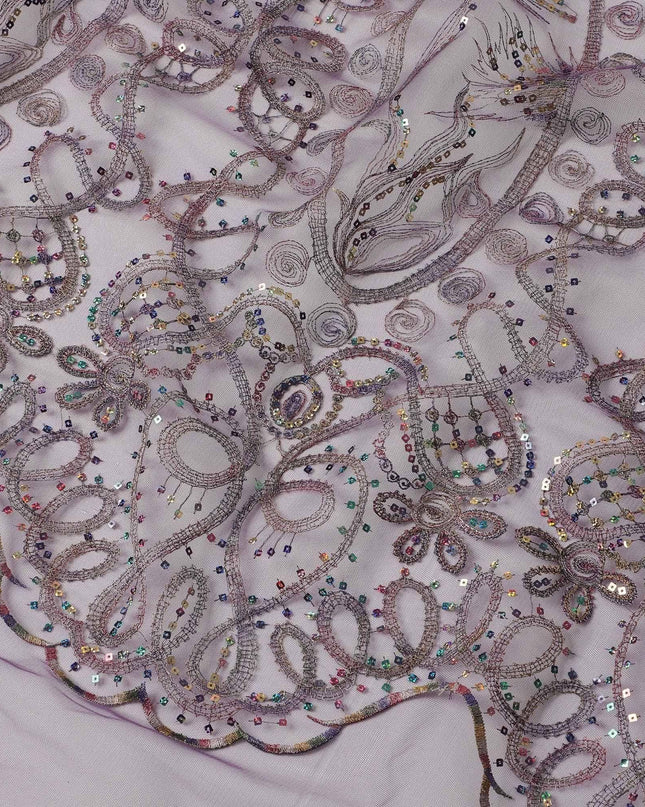 Plum purple nylon tulle fabric with multicolor sequins and embroidery in abstract design Regal Fabrics