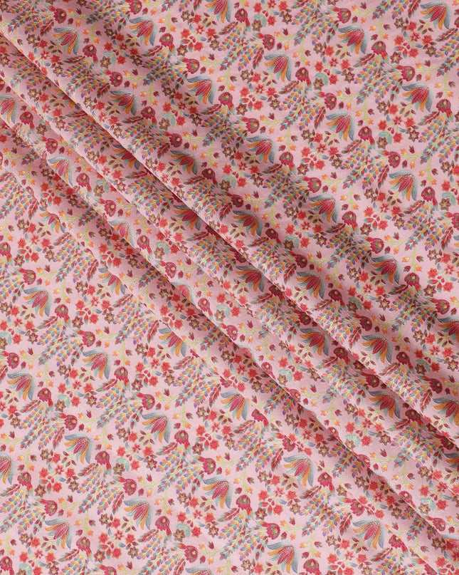 Light pink blended cotton silk fabric with multicolor embroidery in floral design-D15469