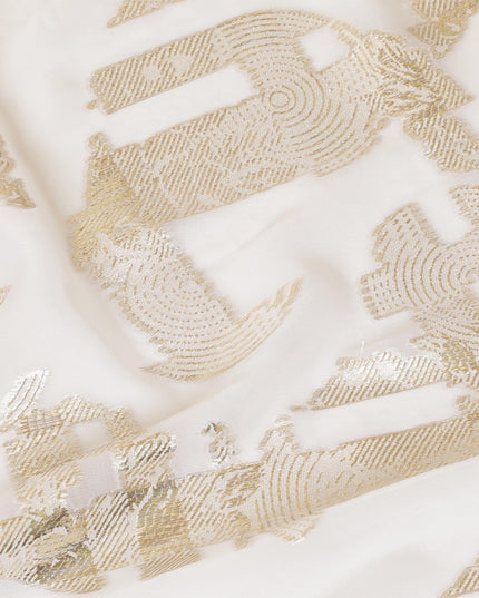 قماش شيفون من الحرير الخالص باللون الأبيض الفاتح مع لوركس معدني ذهبي بتصميم فاخر -D7464