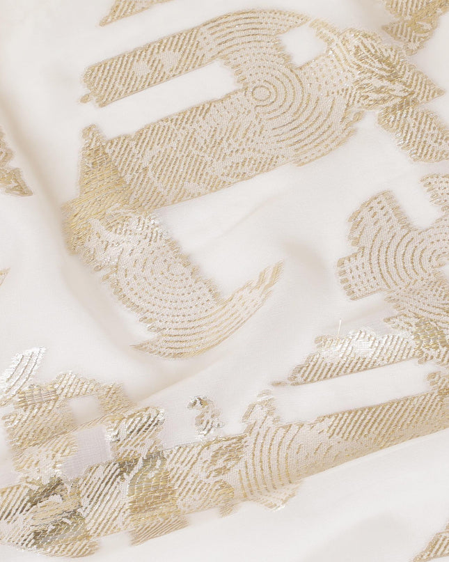 قماش شيفون من الحرير الخالص باللون الأبيض الفاتح مع لوركس معدني ذهبي بتصميم فاخر -D7464