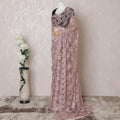 Rose pink, silver Premium pure French metallic chantilly saree lace having stone work in floral design-D14590