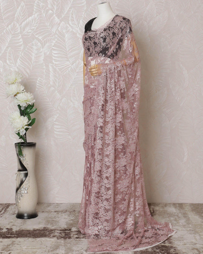 Rose pink, silver Premium pure French metallic chantilly saree lace having stone work in floral design-D14590