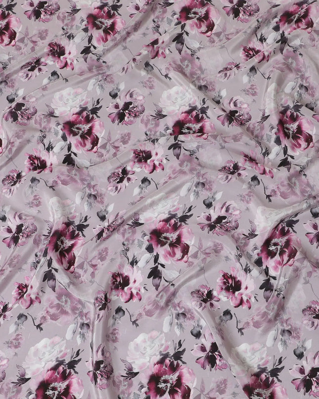 Periwinkle purple viscose crepe fabric with same tone, baby pink and black print in floral design-D13818 Regal Fabrics