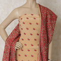 Beige silk crepe kameez with multicolor embroidery having stone work in paisley design. Beige plain salwar having same tone chiffon dupatta with multicolor embroidery and stone work-D12662 Regal Fabrics
