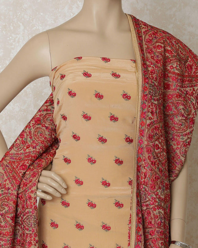 Beige silk crepe kameez with multicolor embroidery having stone work in paisley design. Beige plain salwar having same tone chiffon dupatta with multicolor embroidery and stone work-D12662