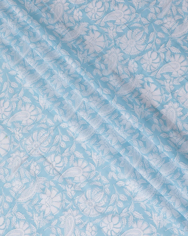 Baby blue cotton voile fabric with white print in floral design-D14831