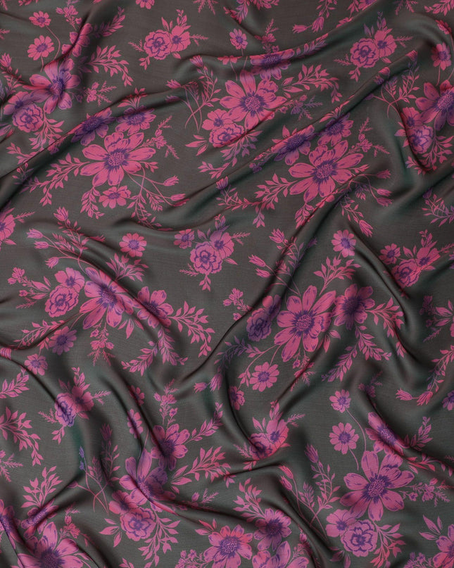 قماش شيفون من الحرير الخالص باللون الأسود مع طباعة باللونين الوردي والأرجواني الساخن بتصميم الأزهار-D14659