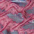 Dark Pink silk chiffon fabric with baby blue and copper metallic lurex in floral design-D8042