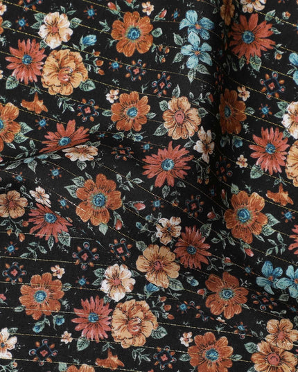 Black viscose crepe printed fabric with multi colour prints in floral design-D11159