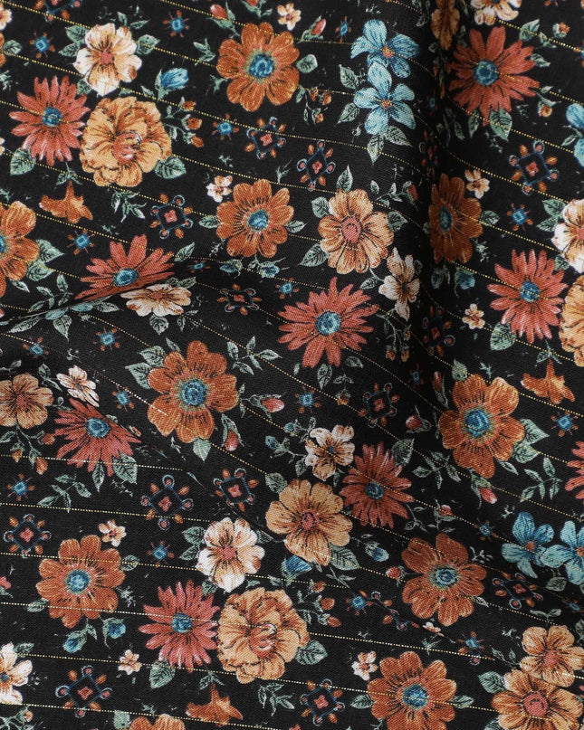 Black viscose crepe printed fabric with multi colour prints in floral design-D11159