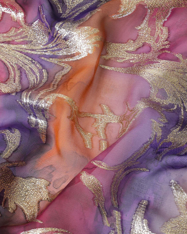 شيفون من الحرير الخالص متعدد الألوان مع لوريكس معدني ذهبي بتصميم أوراق الشجر -D11384