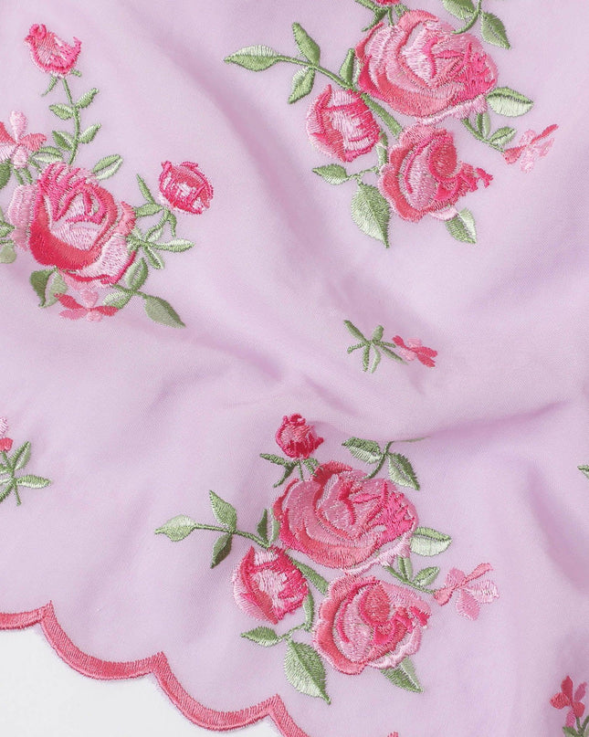 Light lavender cotton voile fabric with hot pink and sage green embroidery in floral design-D12463