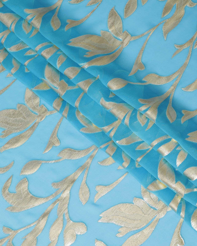 شيفون حريري نقي فاخر باللون الأزرق السماوي مع لوريكس معدني ذهبي بتصميم أوراق الشجر -D11359
