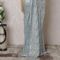Baby blue, multicolor Premium pure metallic French chantilly lace saree in paisley design-D14916