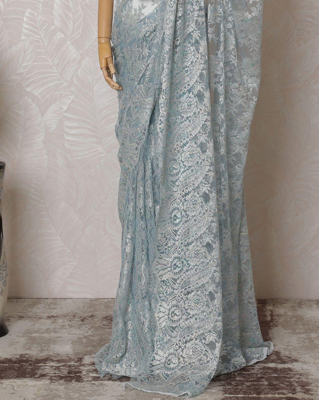 Baby blue, multicolor Premium pure metallic French chantilly lace saree in paisley design-D14916