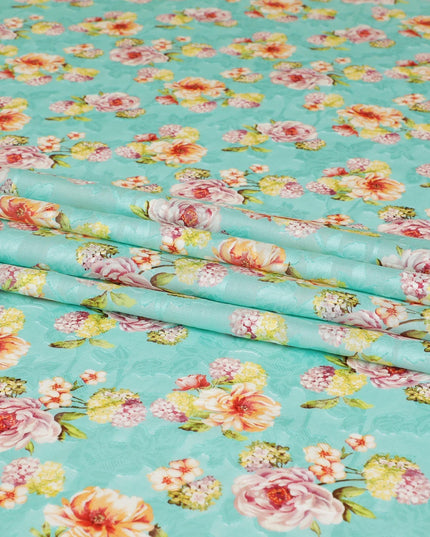 Vista blue uragiri cotton voile fabric with same tone jacquard having olive green, cerise pink, peach and off white print in floral design-D7342 Regal Fabrics