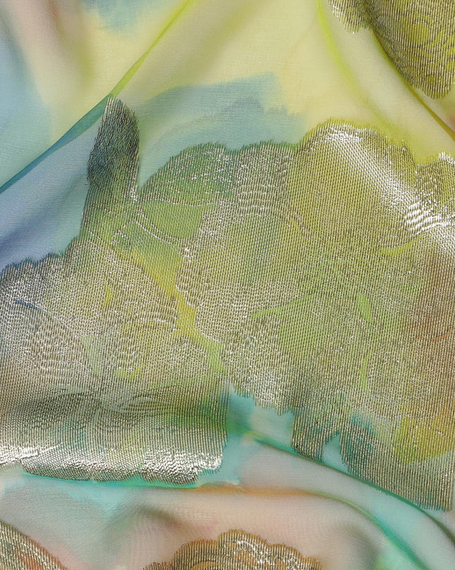 قماش شيفون حريري فرنسي (فرنساوي) فاخر متعدد الألوان مع لوركس معدني ذهبي بتصميم زهور-D14017