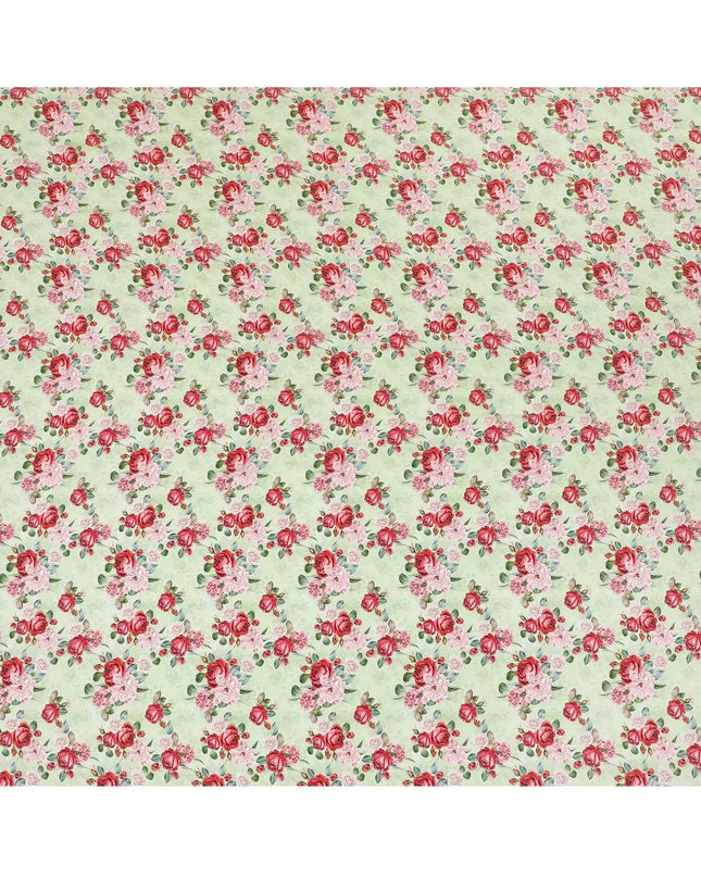 Sage green premium pure silk crepe fabric with ruby pink, olive green and powder pink print in floral design-D9405 Regal Fabrics