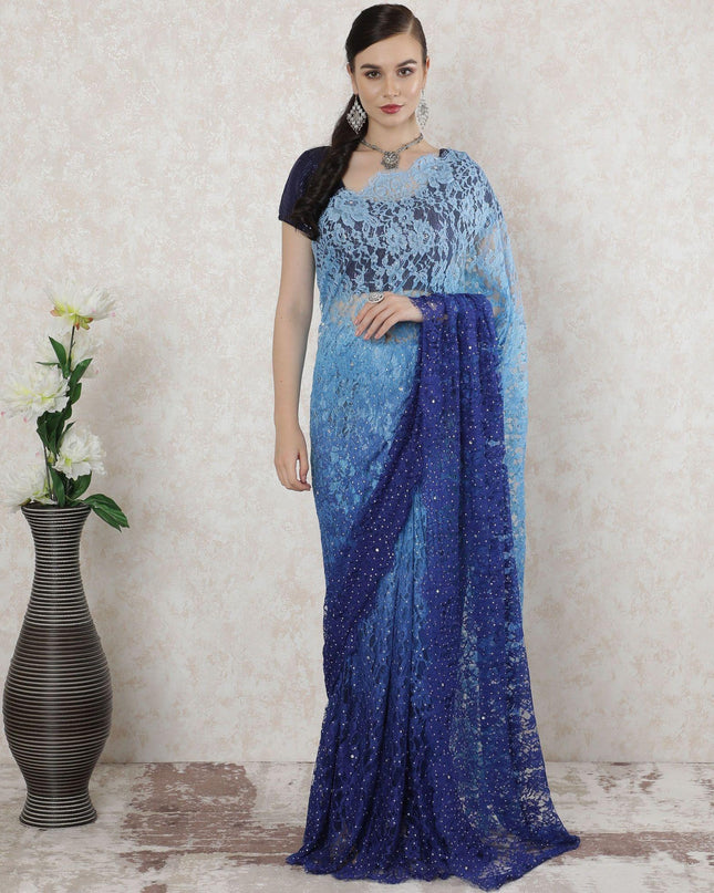 Baby blue to Royal blue Premium pure French chantilly lace saree having stone work in ombre design-D14516