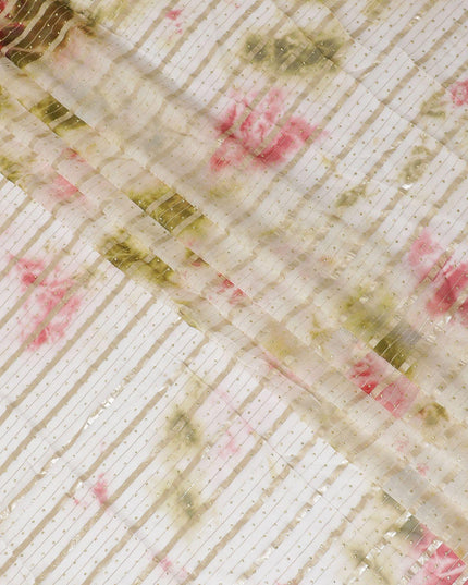 Multicolor synthetic chiffon fabric with gold stripe having same tone metallic dot foil in stripe design-D13657 Regal Fabrics