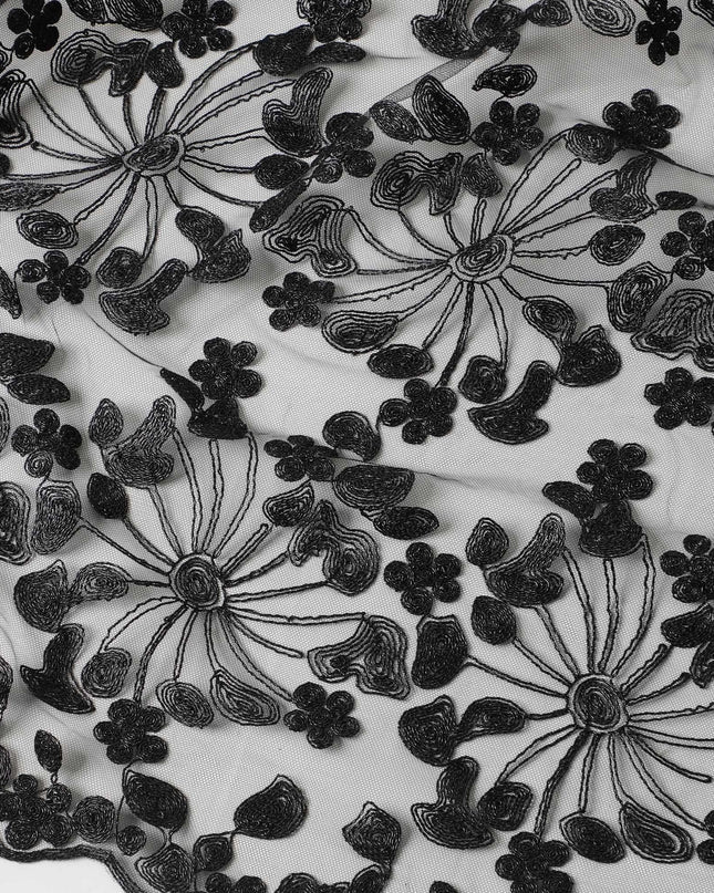 Black nylon tulle fabric with same tone metallic black embroidery in fancy design-D6035