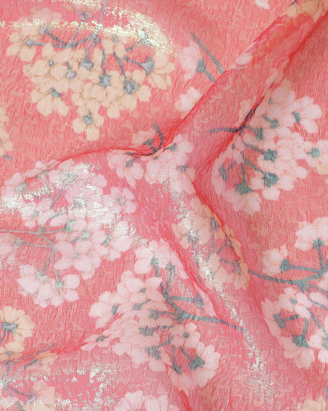 قماش شيفون من الحرير الخالص باللون الأحمر القرمزي مع طباعة متعددة الألوان مع لوريكس معدني أخضر نيون بتصميم الأزهار-D8986